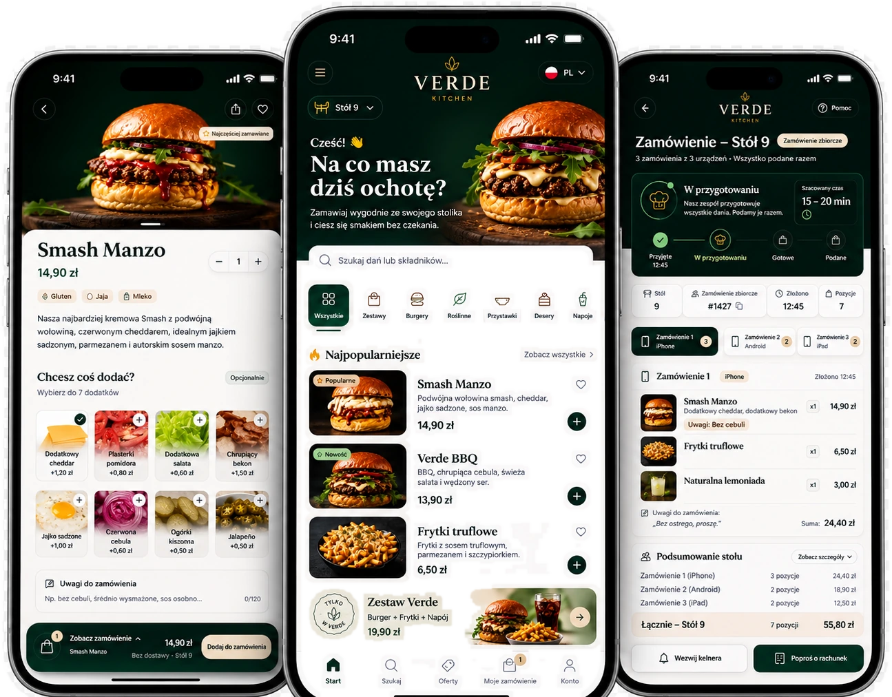 Trzy ekrany aplikacji Lokamo: karta dania, menu i wspólne zamówienie stolika