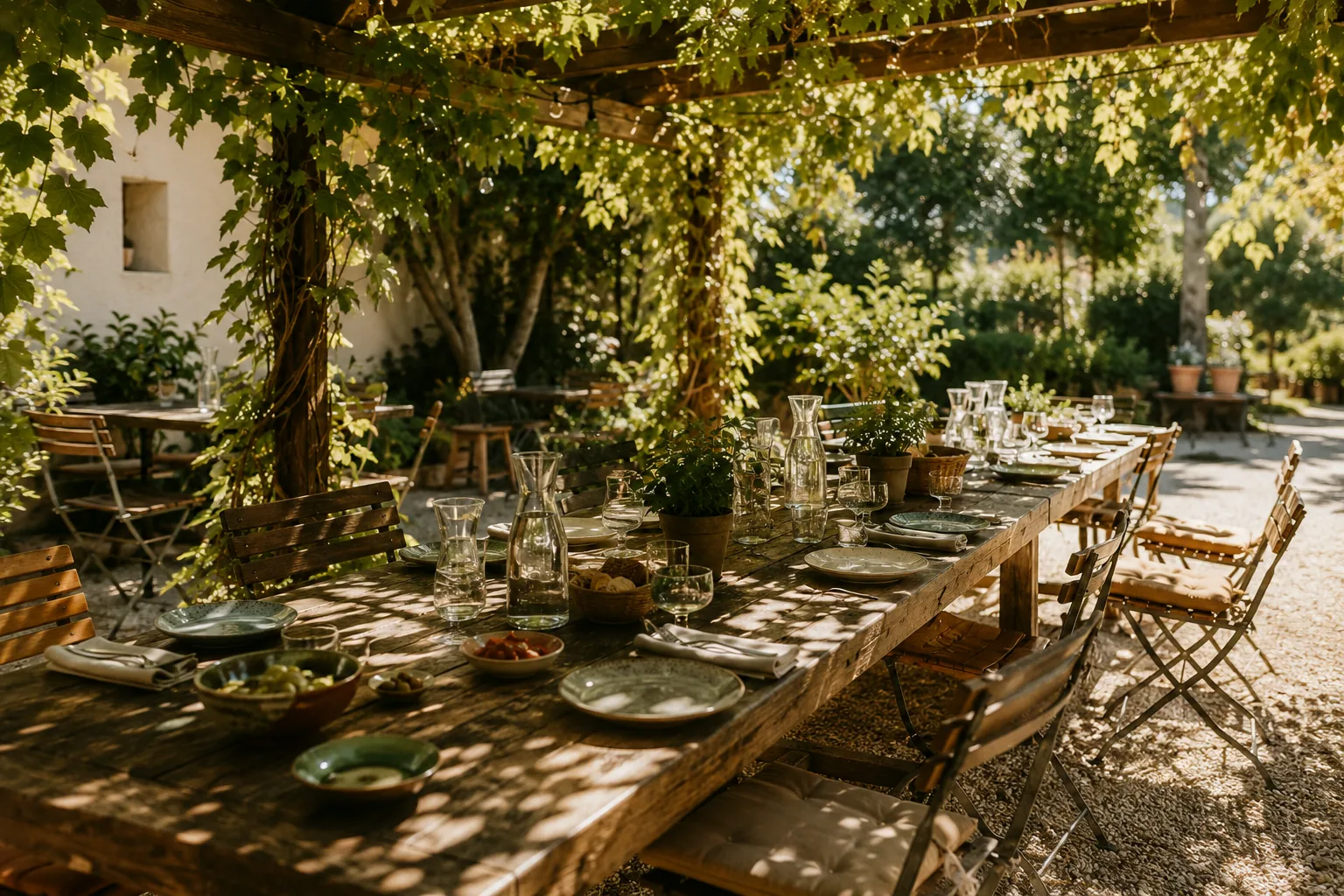 Letni ogródek restauracyjny, goście zamawiają przez telefony