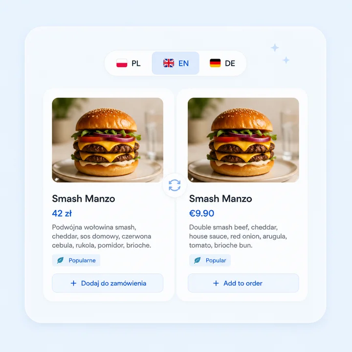 Karta menu z przełącznikiem języka PL, EN i DE oraz tym samym daniem po polsku i angielsku